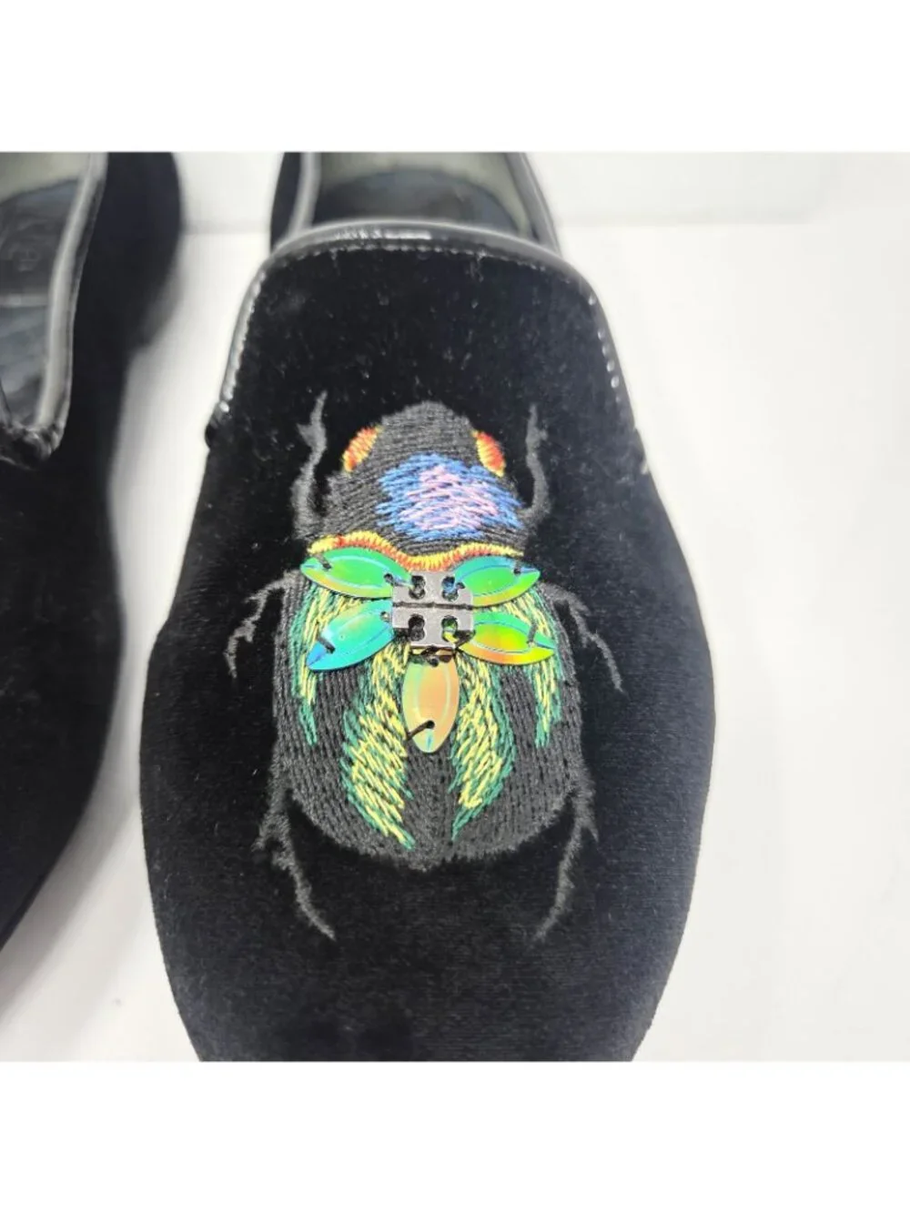 TORY BURCH Easton Black Velvet Slipper Loafer Flats embroidered beetle logo 7 M - Picture 4 of 10
